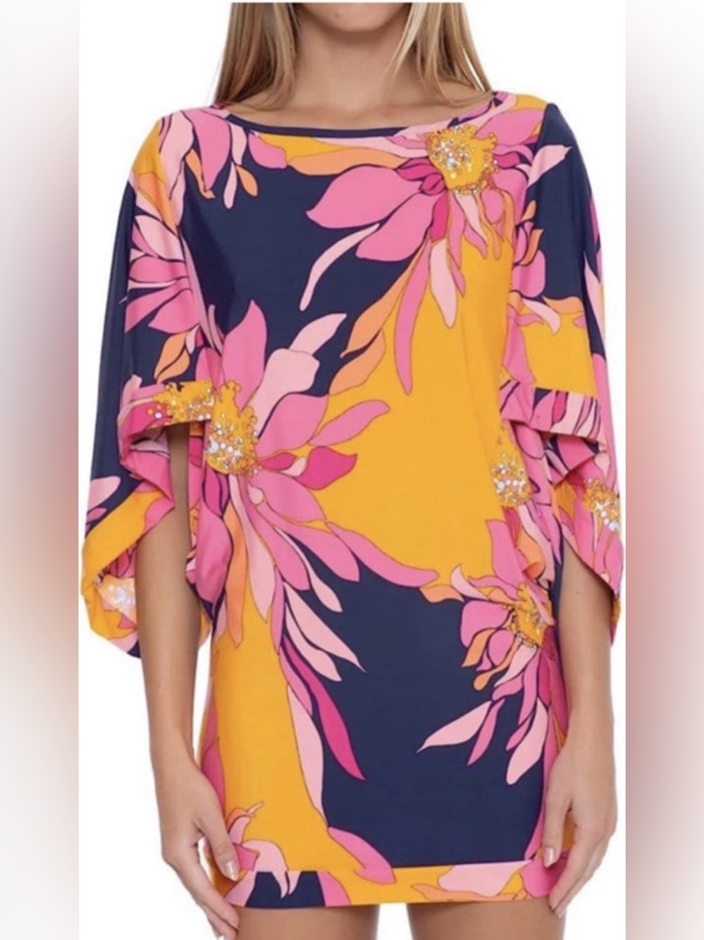 TRINA TURK Gemini swim cover up tunic in blue and pink retro floral, size small